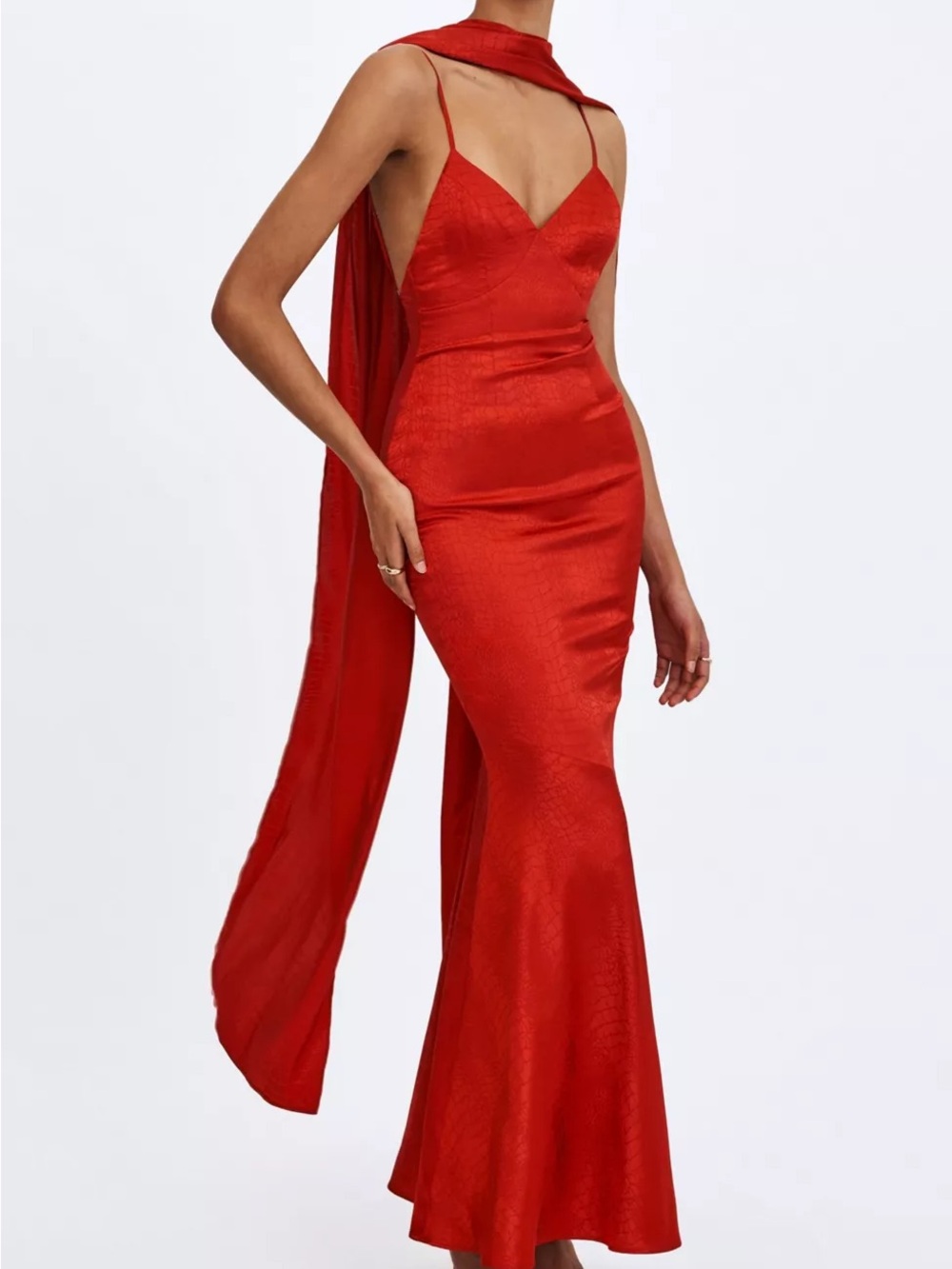 Red Satin Slip Gown with Draped Scarf